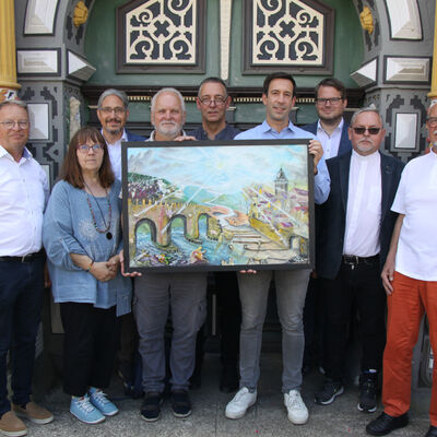 (V.li.) Ernst-Ulrich G&ouml;ttges (Pastor Ev.-ref. Gemeinde), Bettina Weyrich (1. Vors. M&uuml;ndener KunstNetz), Andreas Risse (Ev.-luth. Stadtkirchengemeinde M&uuml;nden), K&uuml;nstler Uwe Hentze, Stadtarchivar Stefan Sch&auml;fer, B&uuml;rgermeister Tobias Dannenberg, Raimund Baum (Adventgemeinde), Jacek Kubacki (Pfarrer Kath. Elisabeth Gemeinde) und Matthias Winkelmann (Katholische Pfarrgemeinde St. Elisabeth).