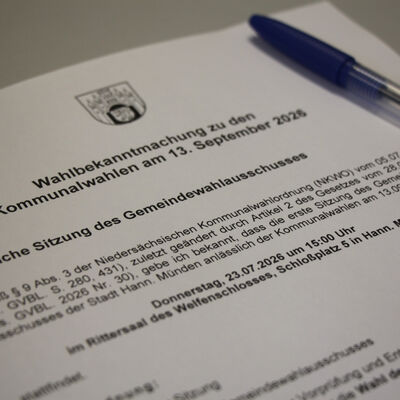 Die Sitzung findet am Donnerstag, 23. Juli 2026, um 15:00 Uhr im Rittersaal des Welfenschlosses, Schlo&szlig;platz 5, Hann. M&uuml;nden, statt.