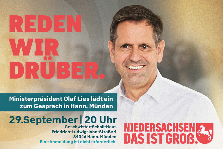 B�rgerdialog mit Olaf Lies: Der Ministerpr�sident ist am Dienstag, 29. September 2026, ab 20 Uhr zu Gast im Geschwister-Scholl-Haus.