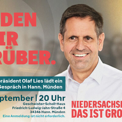 B&uuml;rgerdialog mit Olaf Lies: Der Ministerpr&auml;sident ist am Dienstag, 29. September 2026, ab 20 Uhr zu Gast im Geschwister-Scholl-Haus.