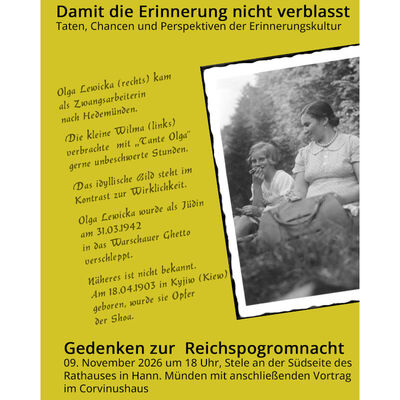 Anl&auml;sslich des Gedenktages zur Reichspogromnacht findet am Montag, 9. November 2026, die Gedenkstunde um 18 Uhr an der Stele des Rathauses gegen&uuml;ber dem Corvinushaus statt. 