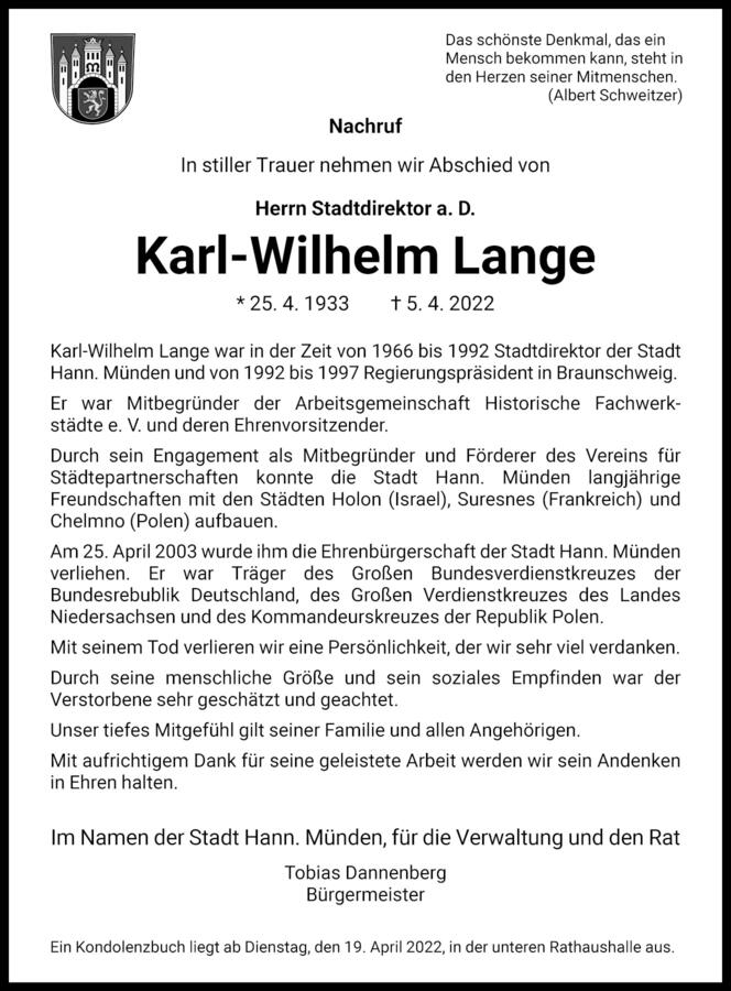 Nachruf von Herrn Stadtdirektor a. D. Karl-Wilhelm Lange